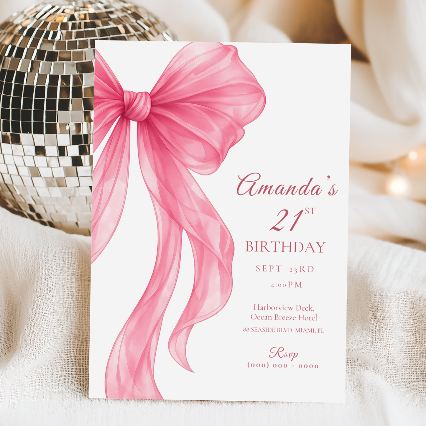 Pink Bow 21st Birthday Invitation