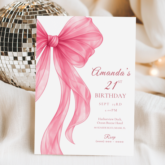 Pink Bow 21st Birthday Invitation