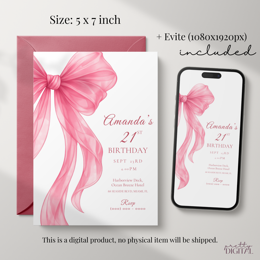 Pink Bow 21st Birthday Invitation