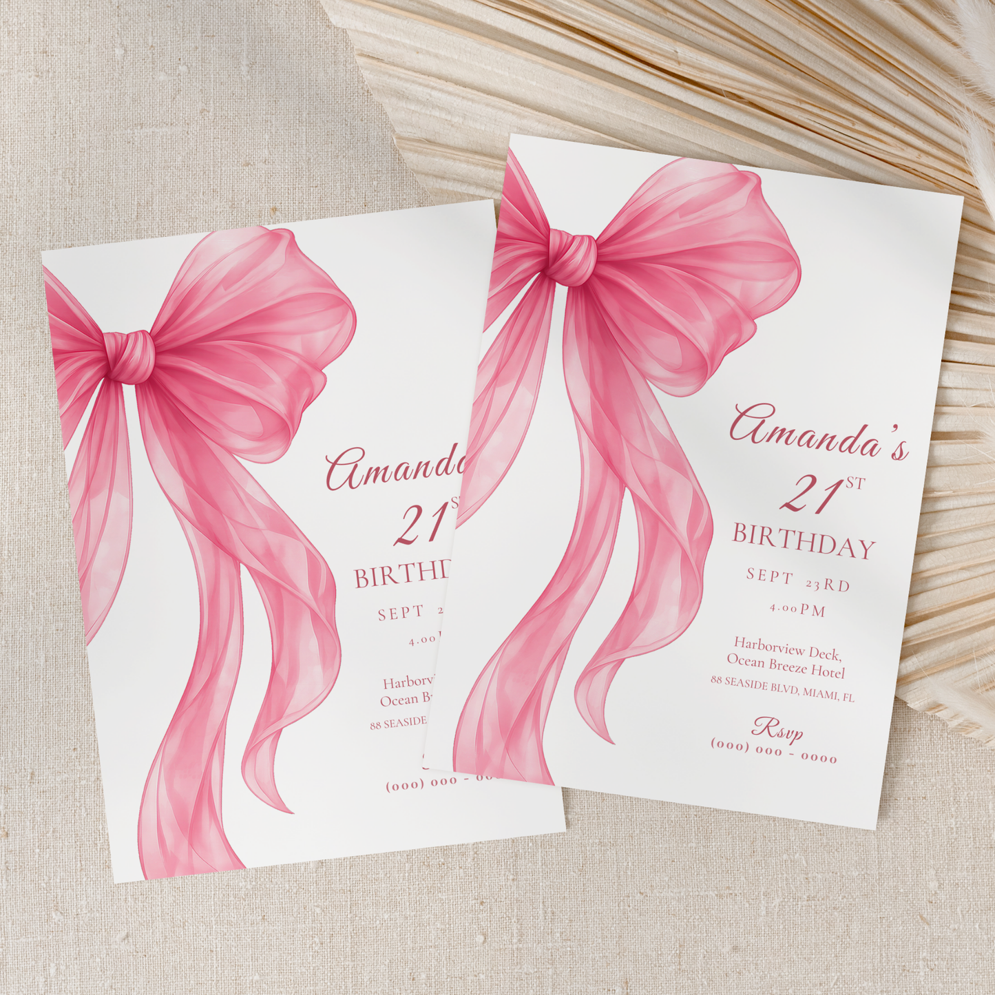 Pink Bow 21st Birthday Invitation