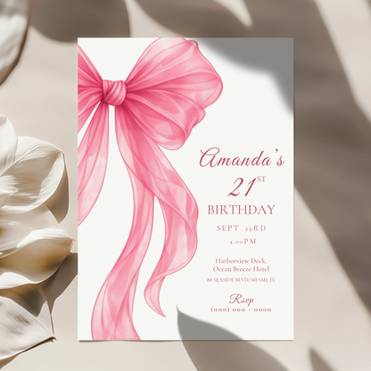 Pink Bow 21st Birthday Invitation