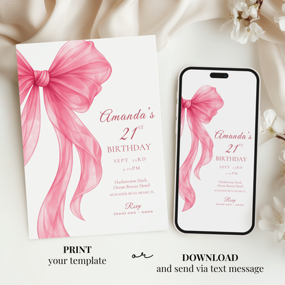 Pink Bow 21st Birthday Invitation