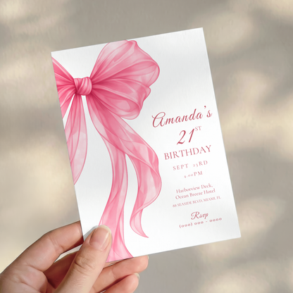 Pink Bow 21st Birthday Invitation