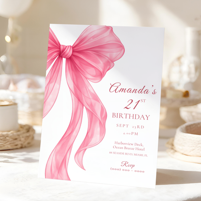 Pink Bow 21st Birthday Invitation