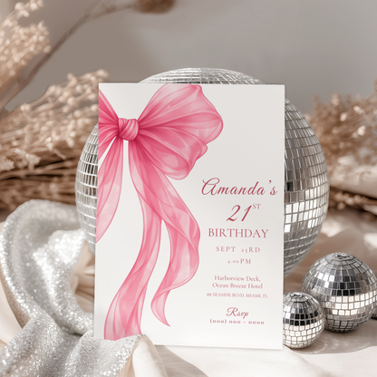Pink Bow 21st Birthday Invitation
