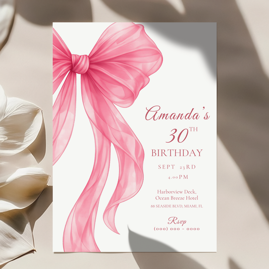 Pink Bow 30th Birthday Invitation