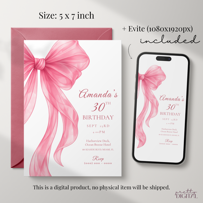 Pink Bow 30th Birthday Invitation