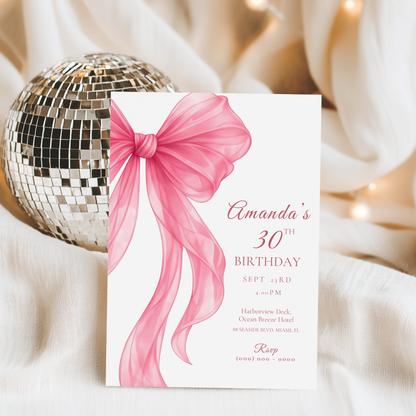 Pink Bow 30th Birthday Invitation