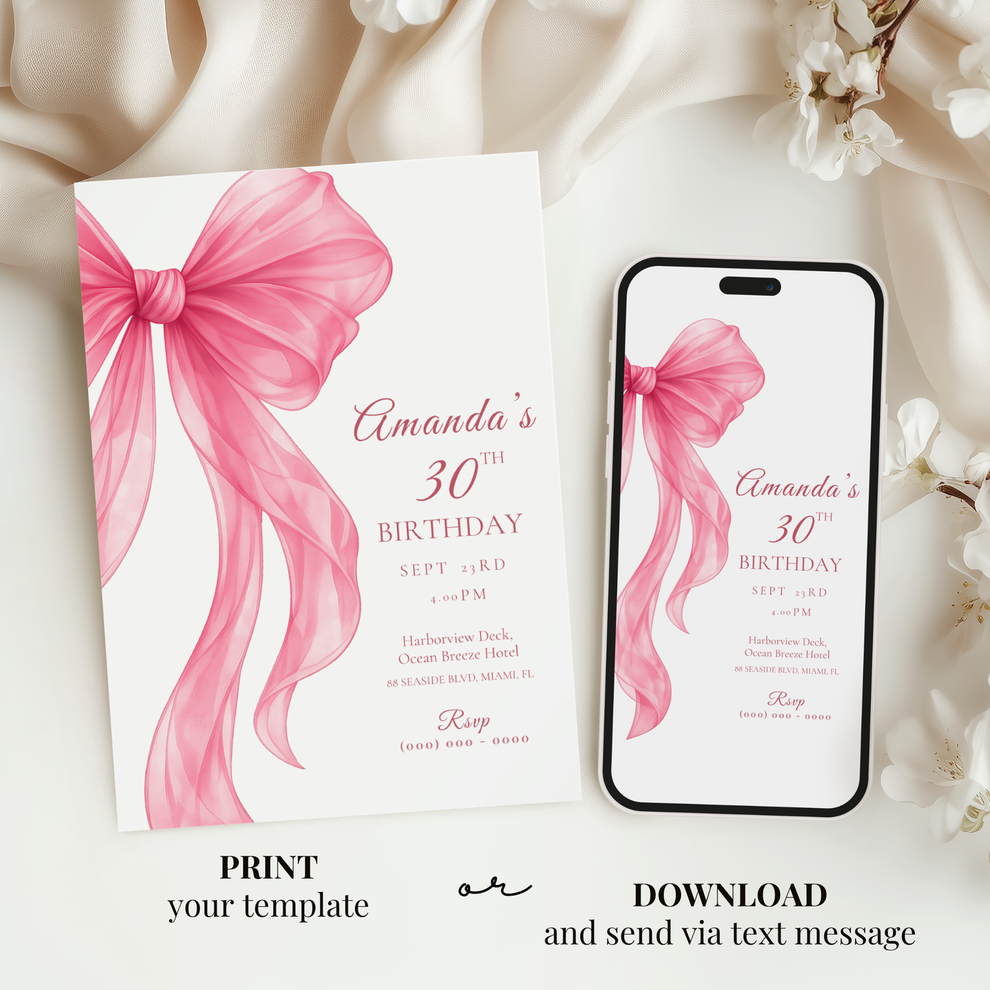 Pink Bow 30th Birthday Invitation