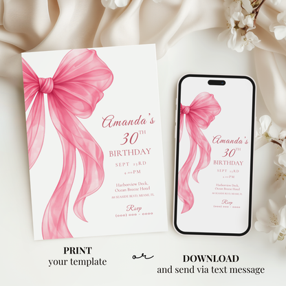 Pink Bow 30th Birthday Invitation