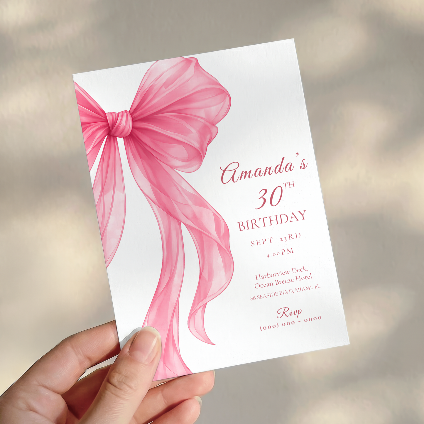Pink Bow 30th Birthday Invitation