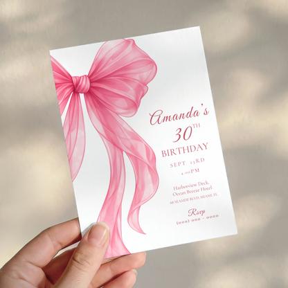 Pink Bow 30th Birthday Invitation