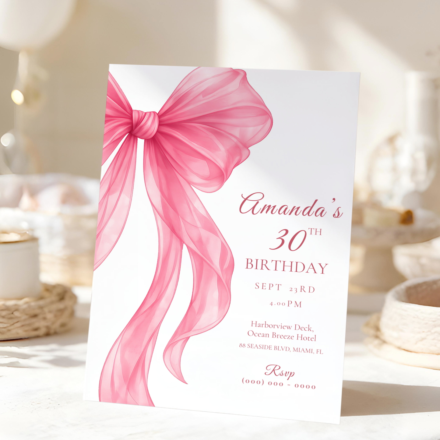 Pink Bow 30th Birthday Invitation