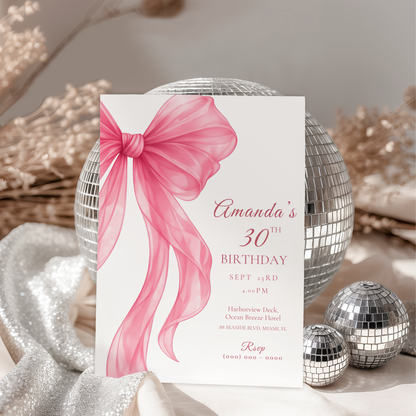 Pink Bow 30th Birthday Invitation