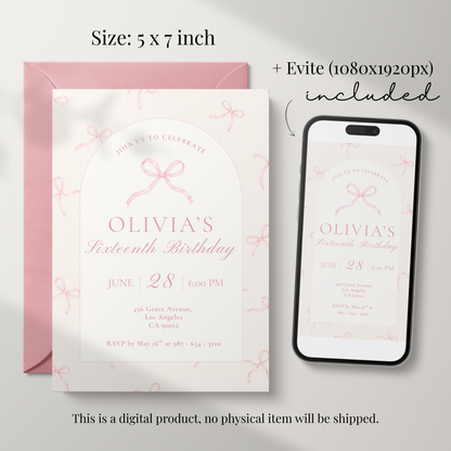 16th Birthday Pink Bow Invitation