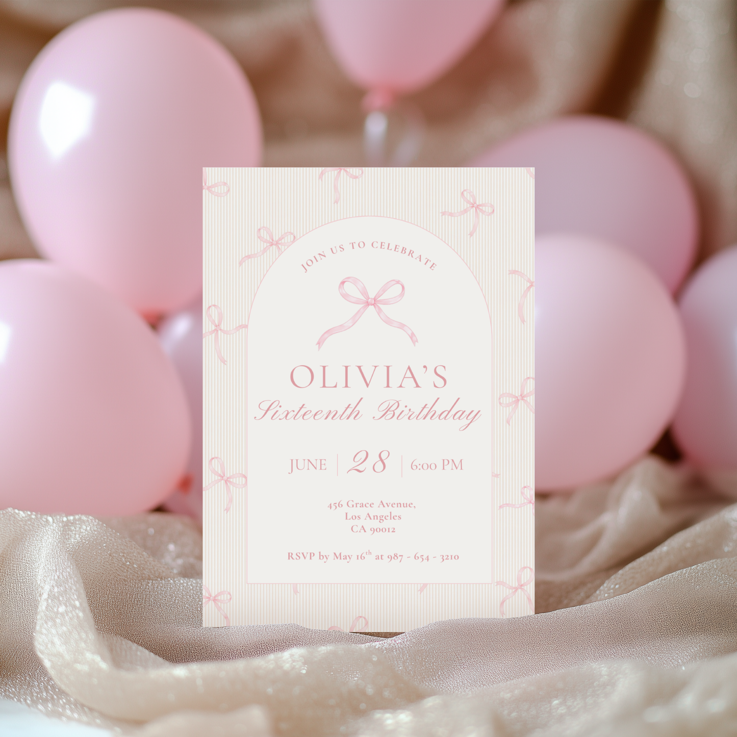16th Birthday Pink Bow Invitation
