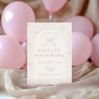 16th Birthday Pink Bow Invitation