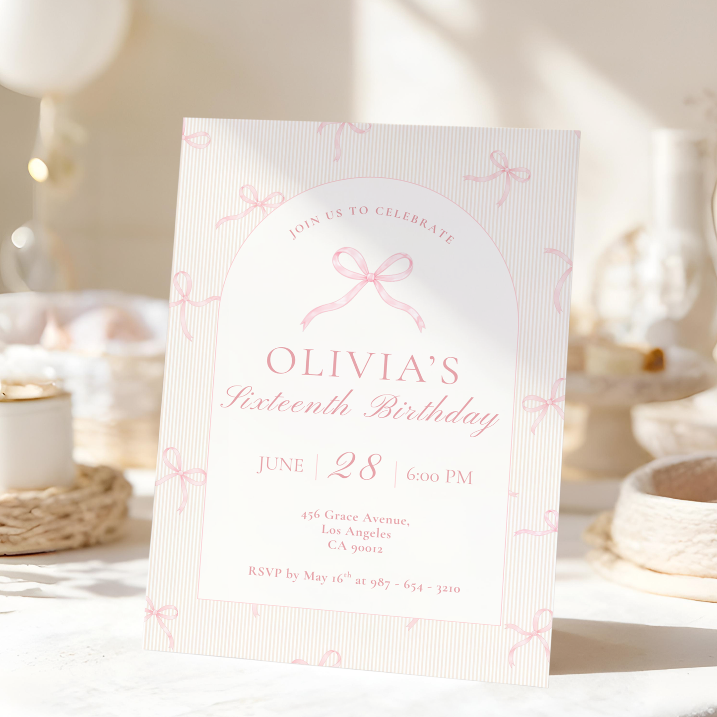 16th Birthday Pink Bow Invitation