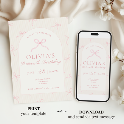 16th Birthday Pink Bow Invitation