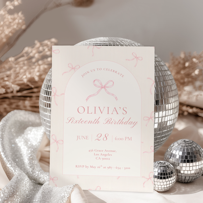 16th Birthday Pink Bow Invitation