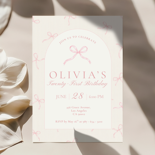 21st Birthday Invitation Pink Bow