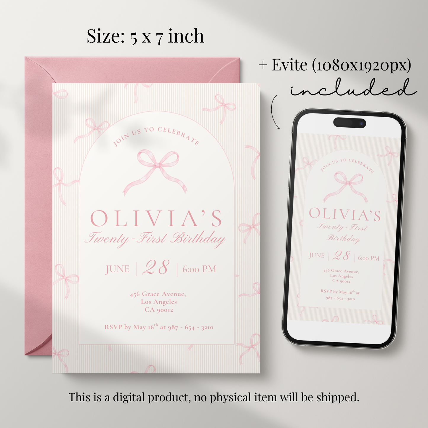 21st Birthday Invitation Pink Bow