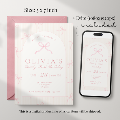 21st Birthday Invitation Pink Bow