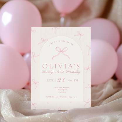 21st Birthday Invitation Pink Bow