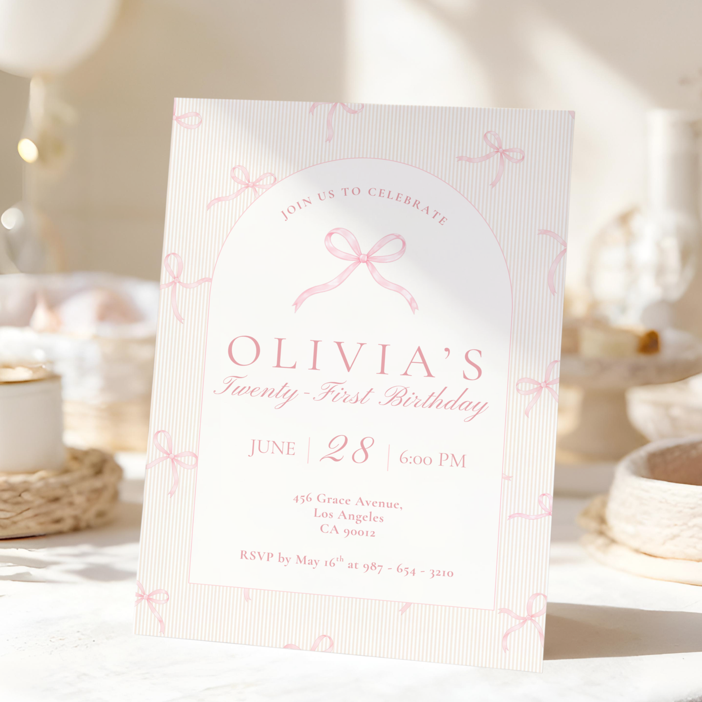 21st Birthday Invitation Pink Bow
