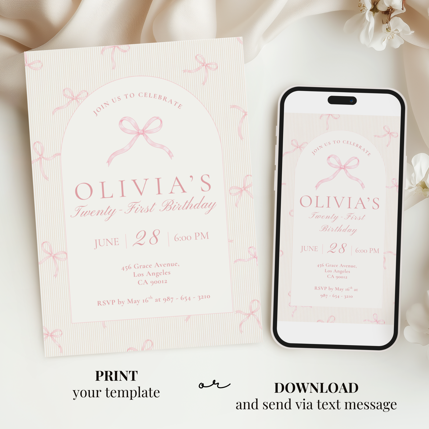21st Birthday Invitation Pink Bow