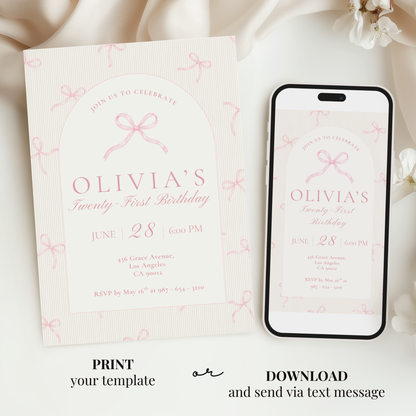 21st Birthday Invitation Pink Bow
