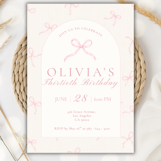 30th Birthday Invitation Pink Bow