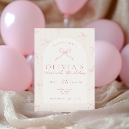 30th Birthday Invitation Pink Bow