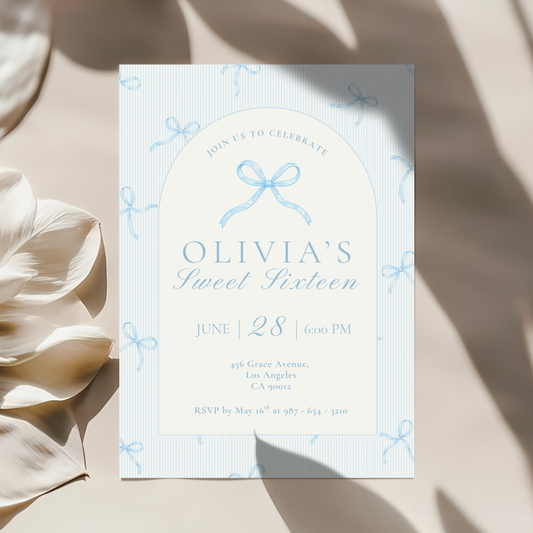 Sweet Sixteen Ice Blue Bow Invitation