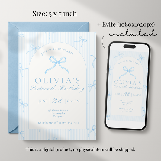 16th Birthday Ice Blue Bow Invitation