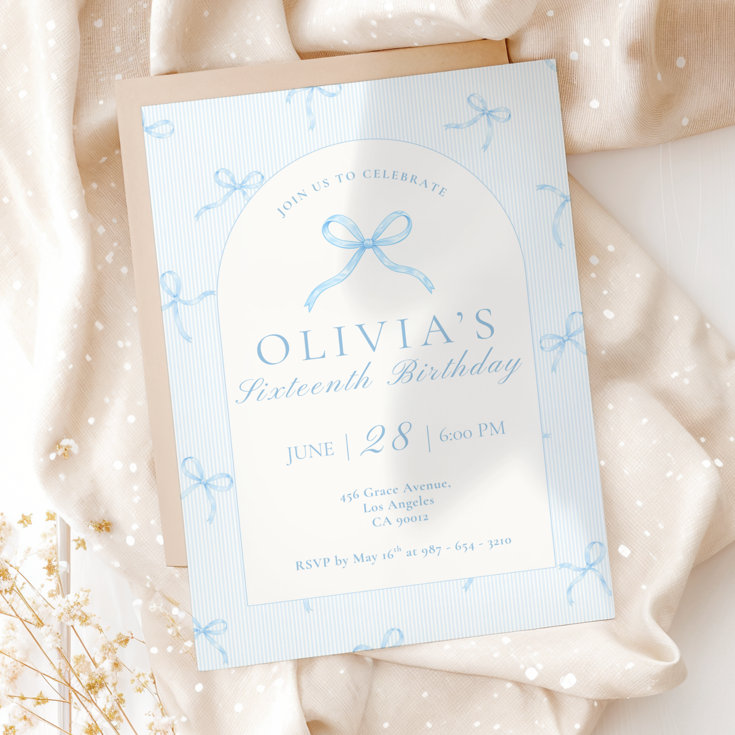 16th Birthday Ice Blue Bow Invitation