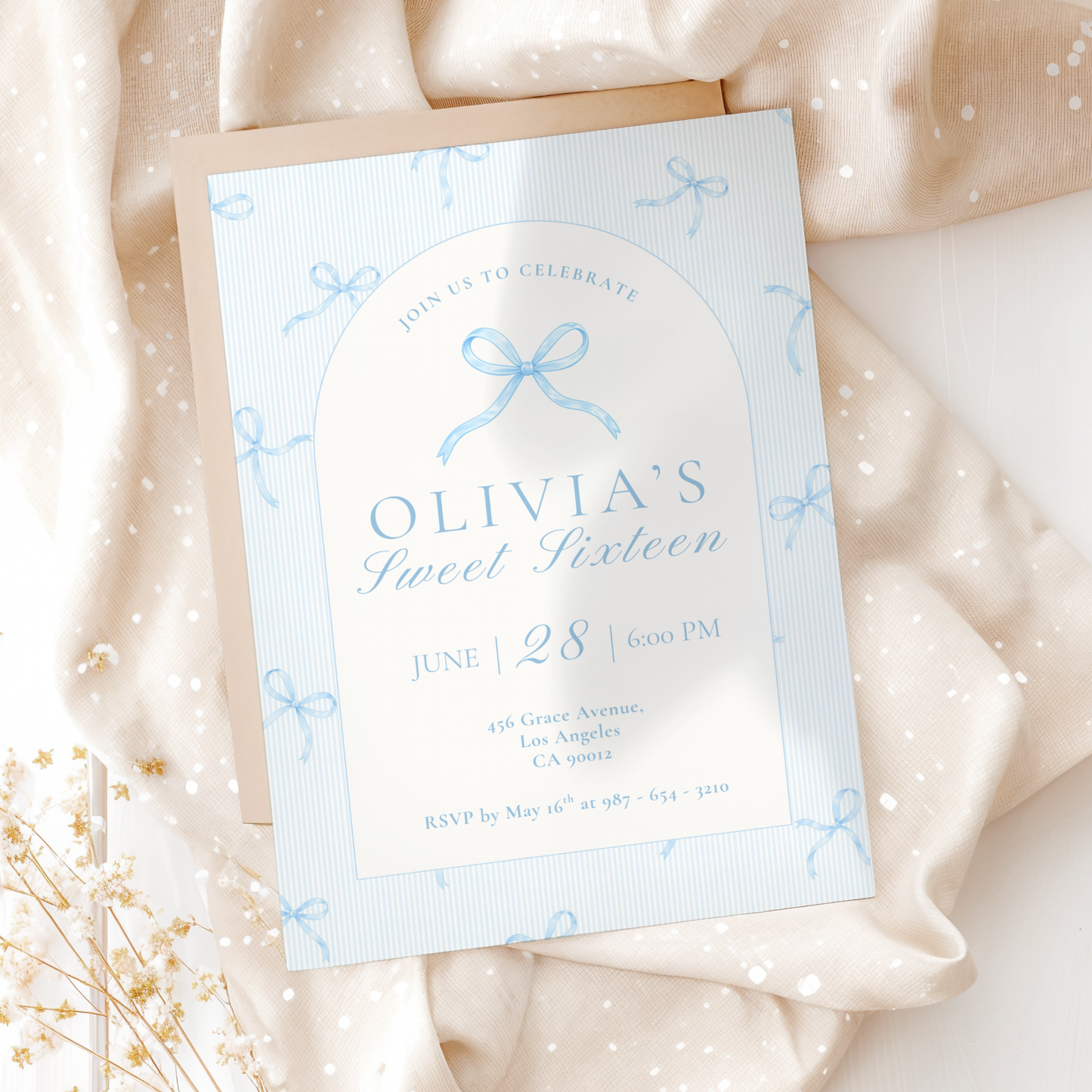 Sweet Sixteen Ice Blue Bow Invitation