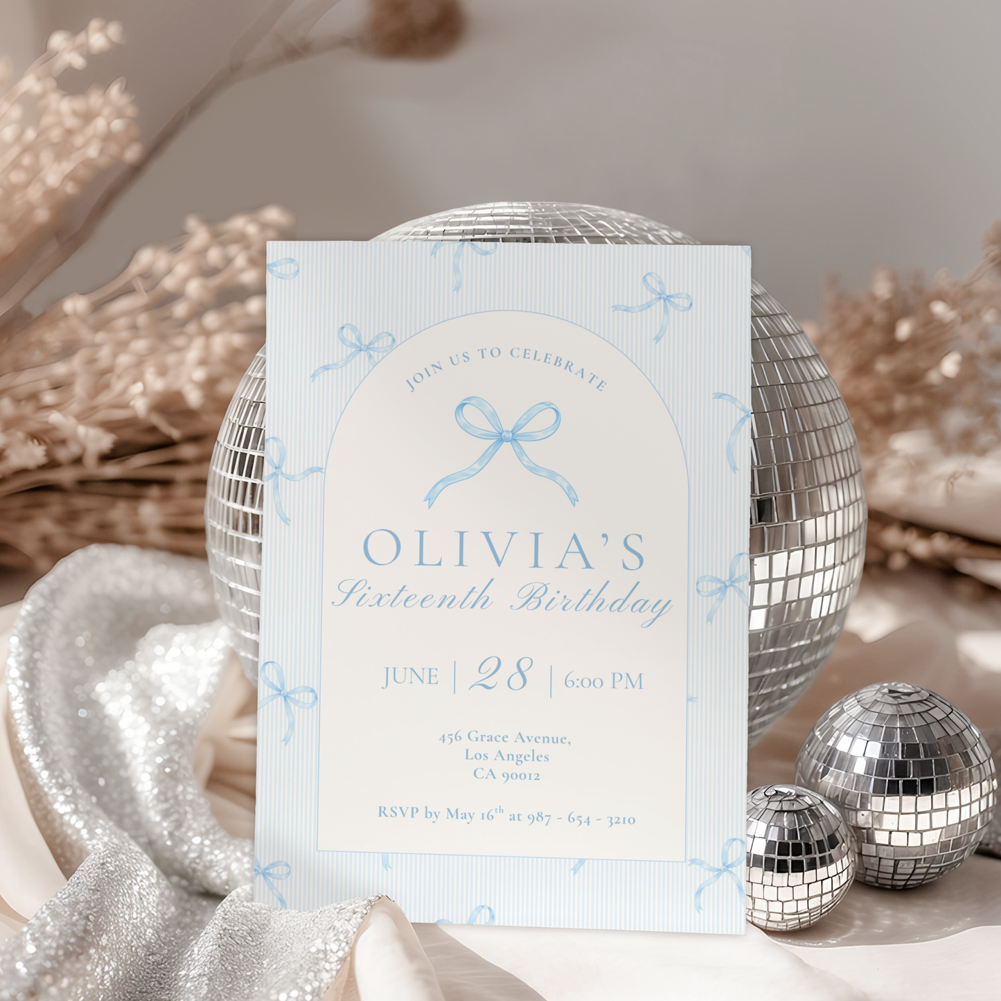 16th Birthday Ice Blue Bow Invitation
