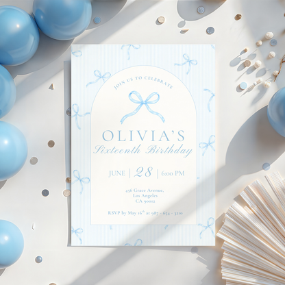 16th Birthday Ice Blue Bow Invitation
