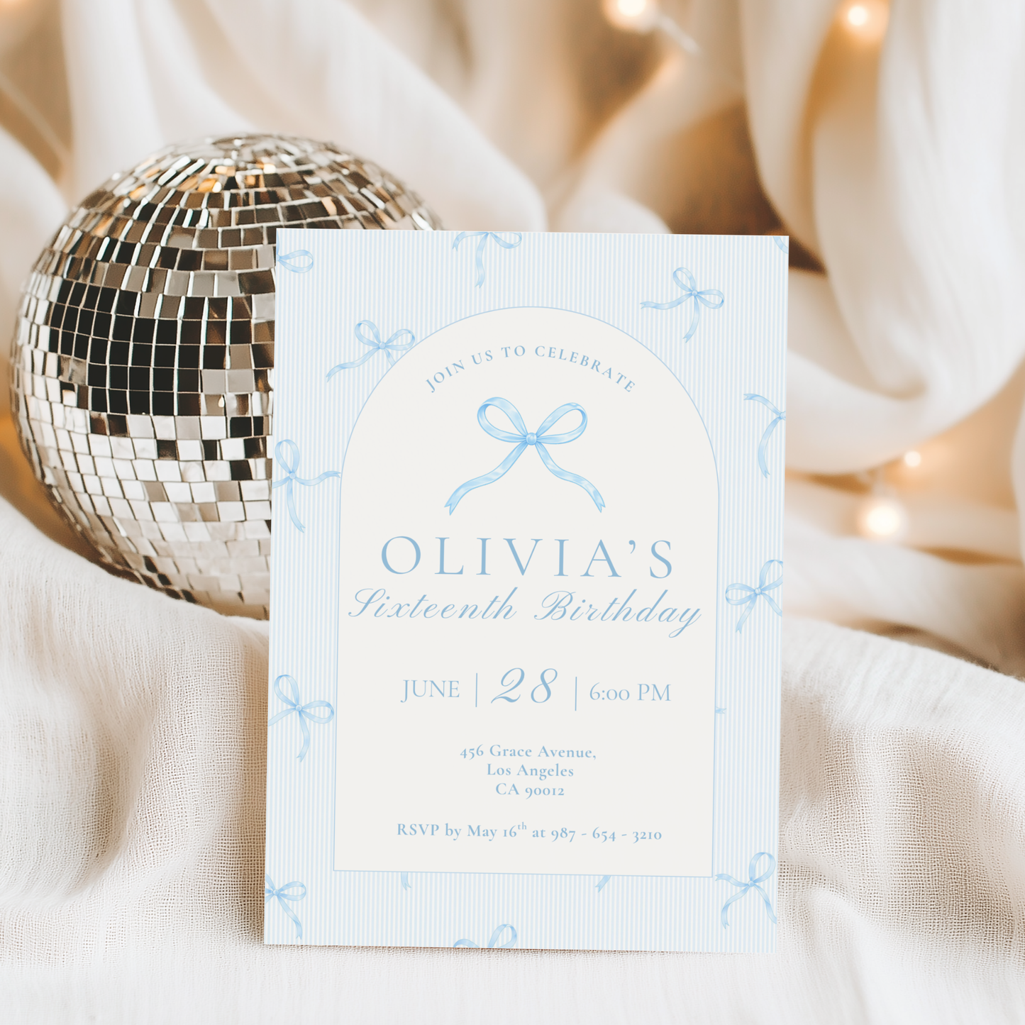 16th Birthday Ice Blue Bow Invitation