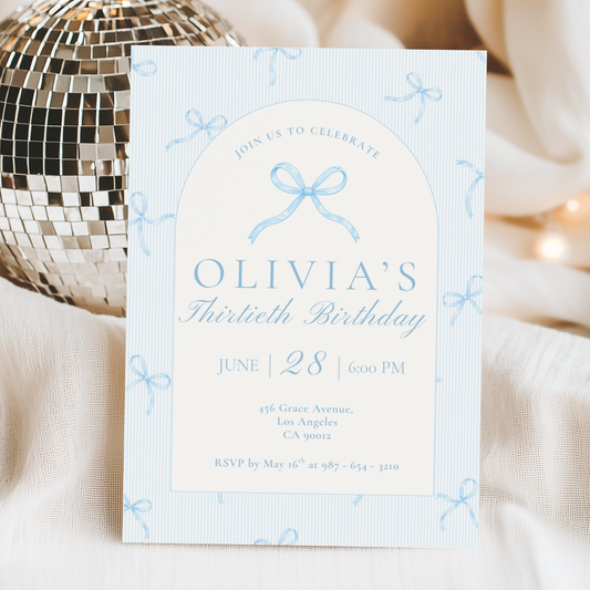30th Birthday Invitation Ice Blue Bow