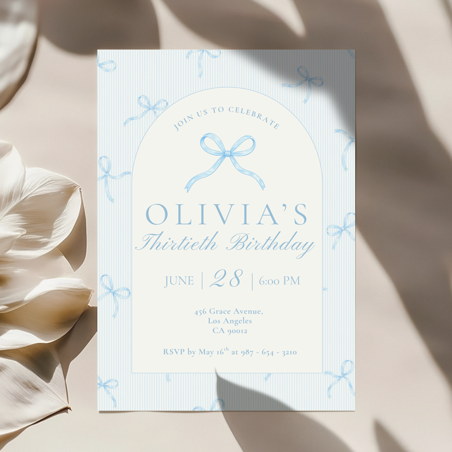 30th Birthday Invitation Ice Blue Bow