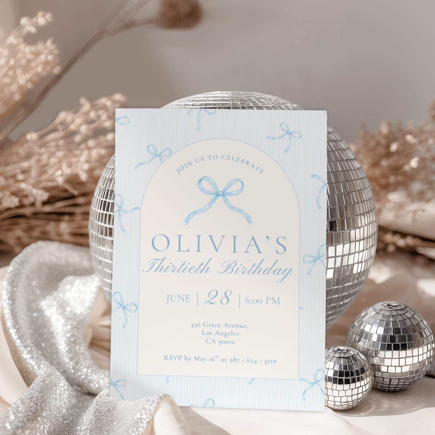 30th Birthday Invitation Ice Blue Bow