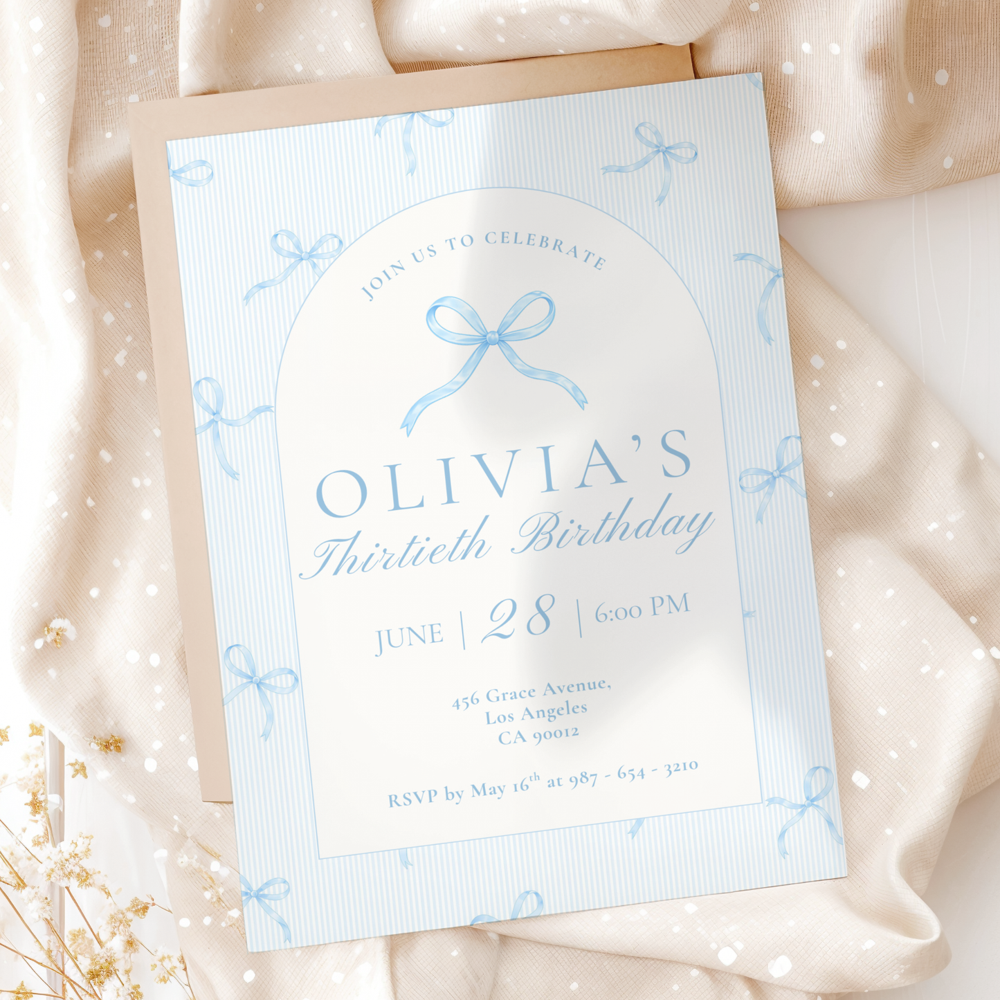 30th Birthday Invitation Ice Blue Bow