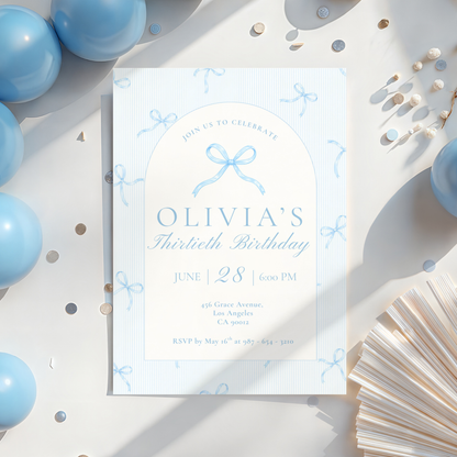 30th Birthday Invitation Ice Blue Bow