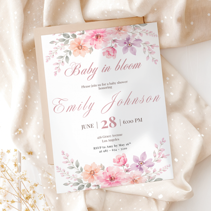 Pink Baby in Bloom Baby Shower Invitation