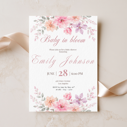 Pink Baby in Bloom Baby Shower Invitation