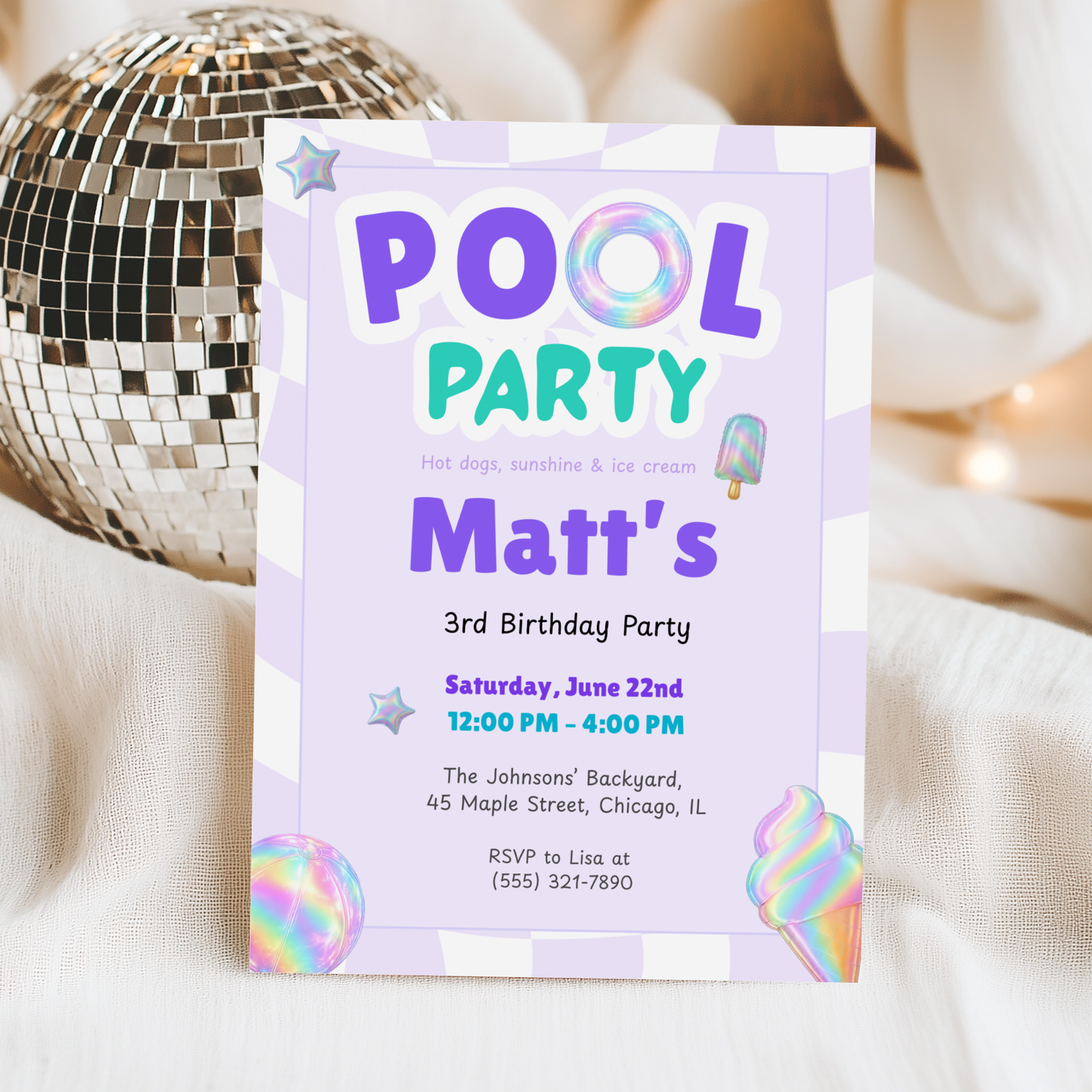Purple Pool Party Kids Birthday Invitation Template