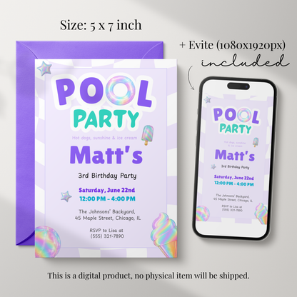 Purple Pool Party Kids Birthday Invitation Template