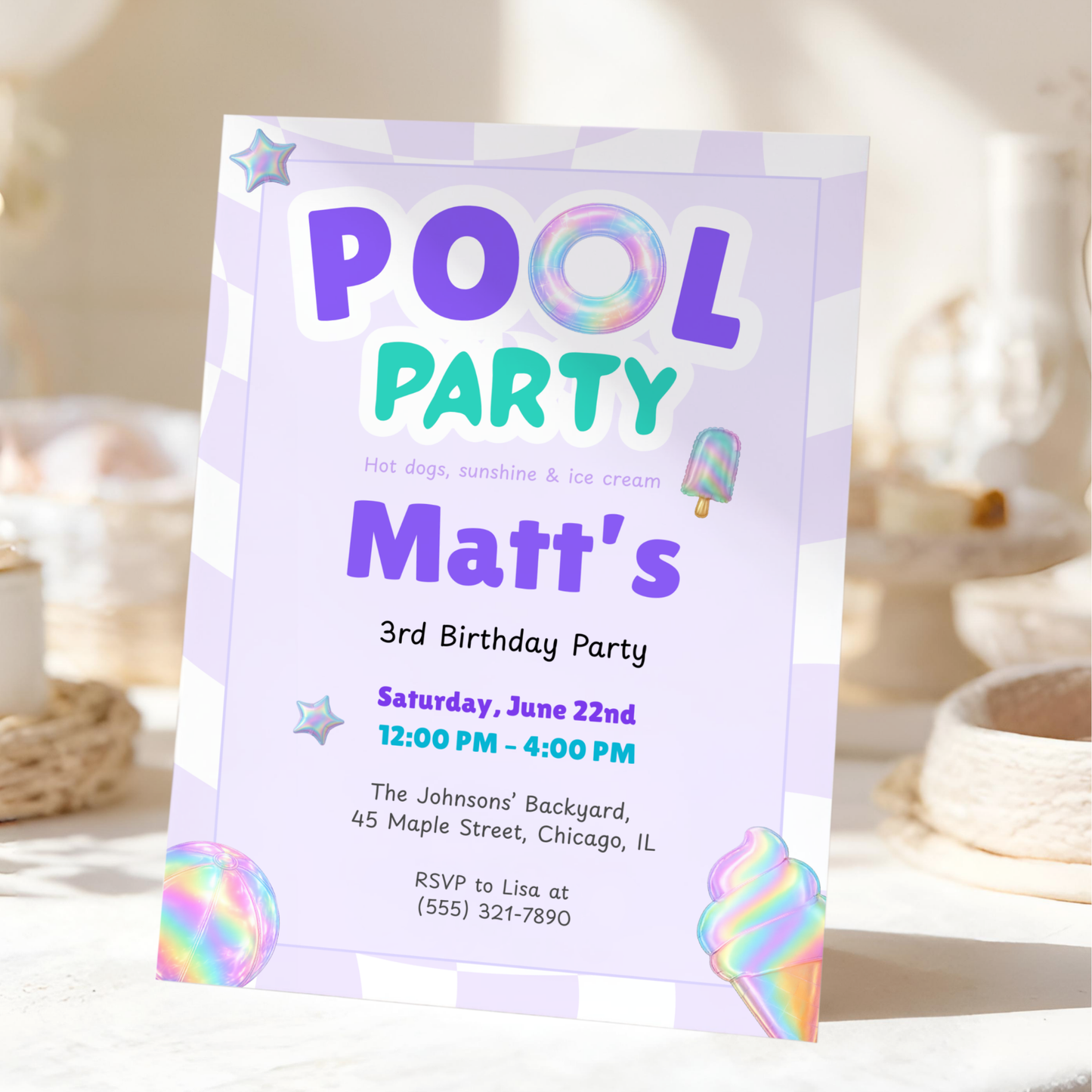 Purple Pool Party Kids Birthday Invitation Template